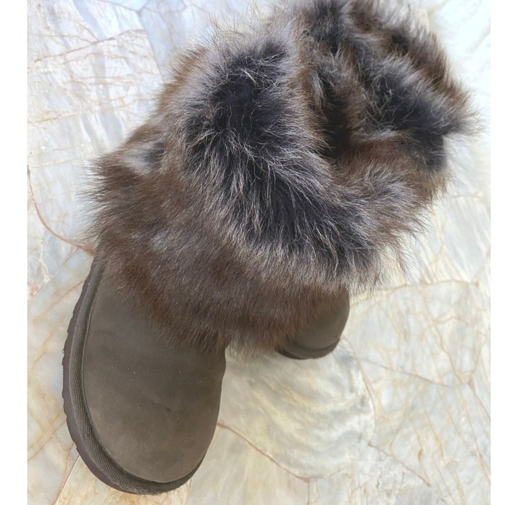 UGG Kids 1008178K Brown Suede Faux Fur Trim Winter Boots Size 2 USA - Picture 8 of 16